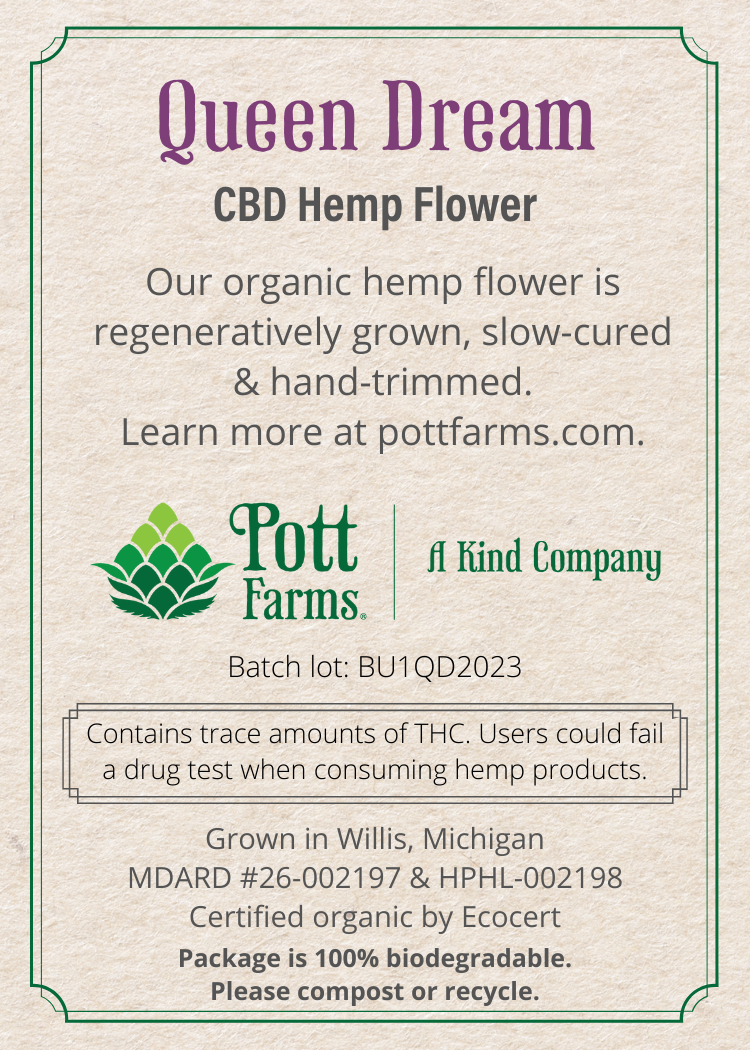 back label of packaging stating our organic hemp flower is regeneratively grown, slow-cured, and hand trimmed, with lot and license numbers