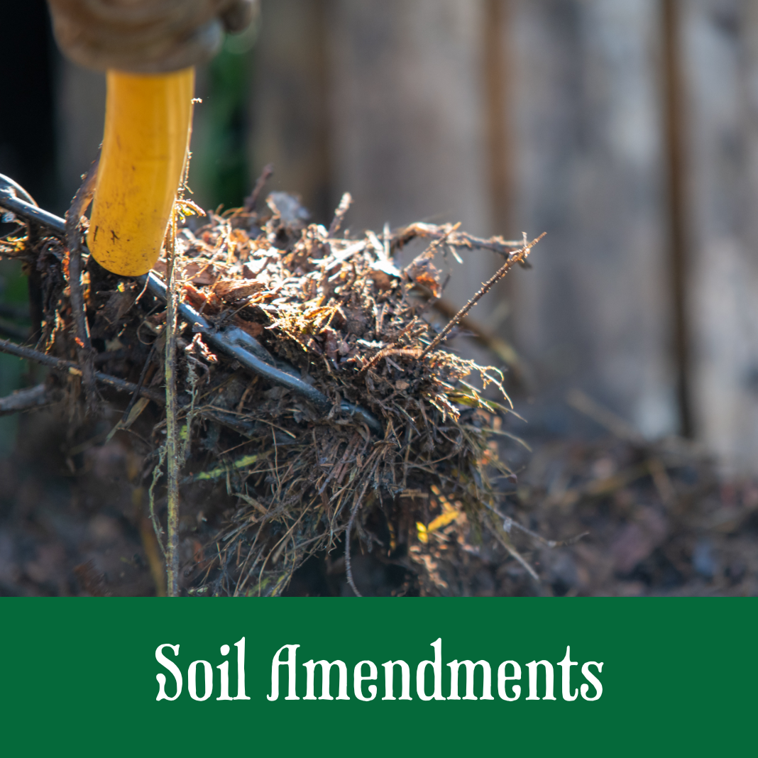 pitch fork full of organic matter from compost pile with text stateing soil amendments